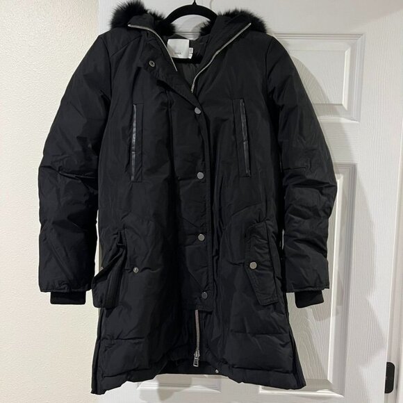 VINCE Black Puffer Zip Up Jacket With Detachable Faux Fur Hood Size XS - Picture 2 of 6